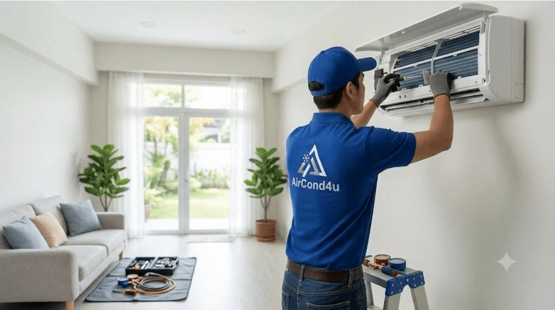 Aircond4u technician servicing a wall unit