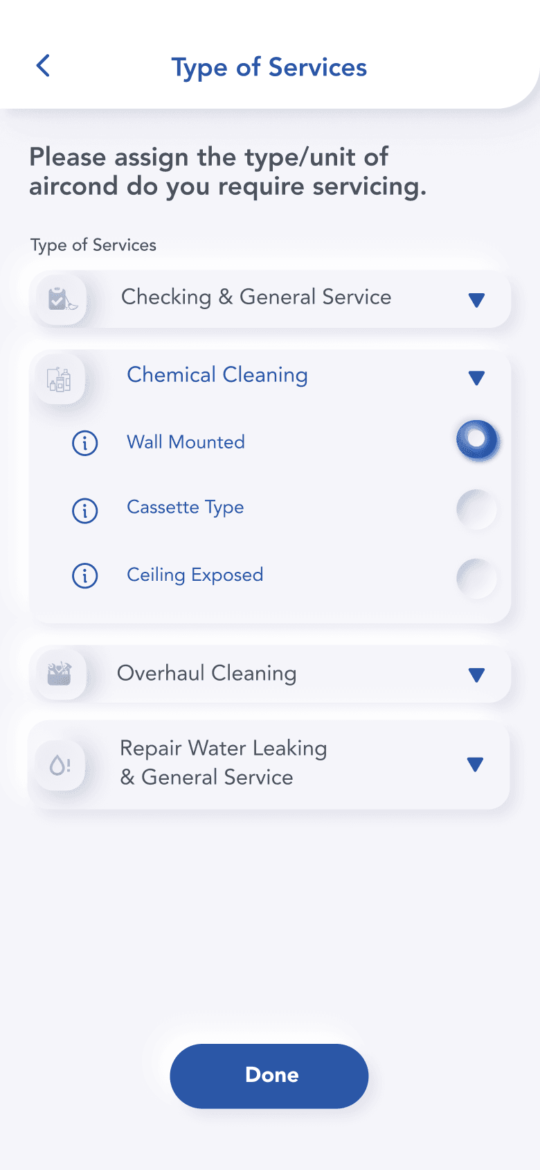 Aircond4u type of services screen